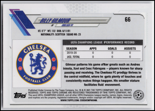 2020-21 Topps Chrome UEFA Champions League #66 Billy Gilmour
