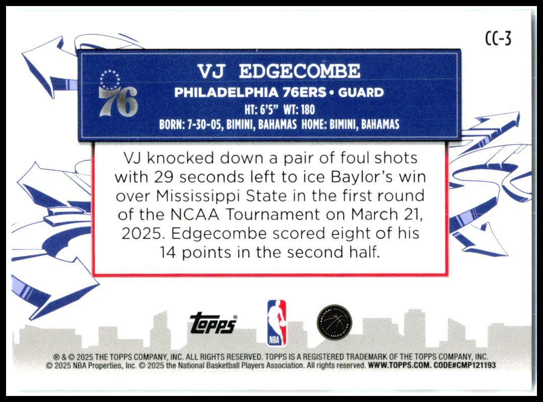 2025-26 Topps Clutch City Prospects #CC-3 VJ Edgecombe Philadelphia 76ers