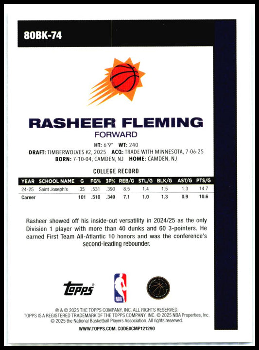 2025-26 Topps 1980-81 Topps Basketball #80BK-74 Rasheer Fleming Suns