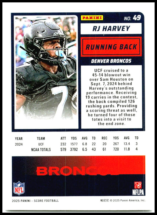 2025 Score #49 RJ Harvey Rookie Denver Broncos