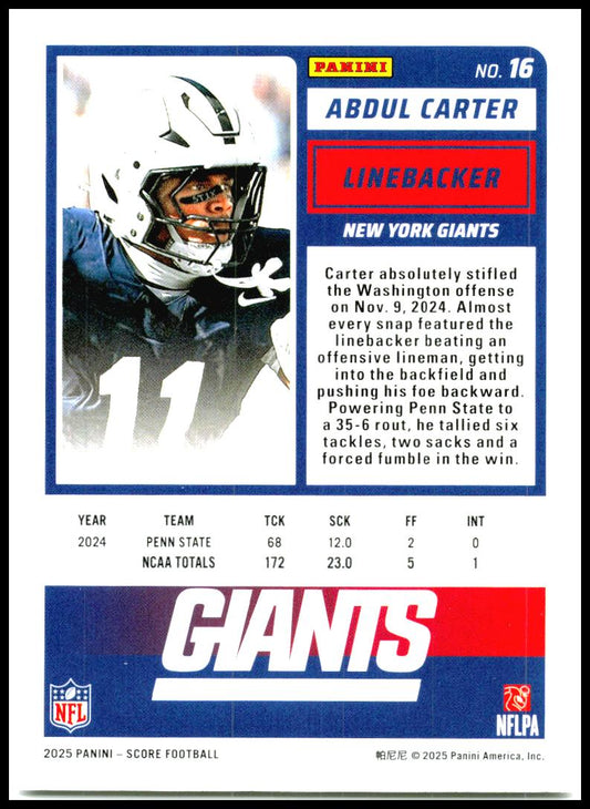 2025 Score #16 Abdul Carter Rookie New York Giants