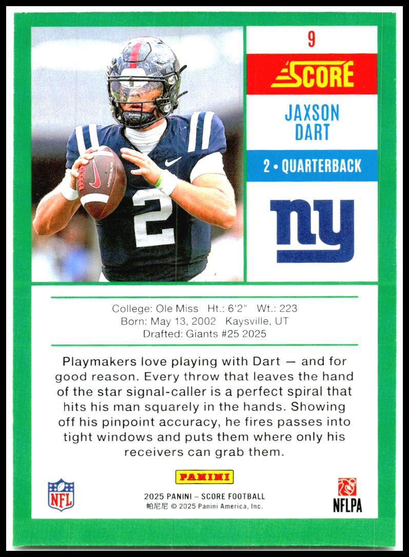 2025 Score Anniversary Rookies #9 Jaxson Dart New York Giants