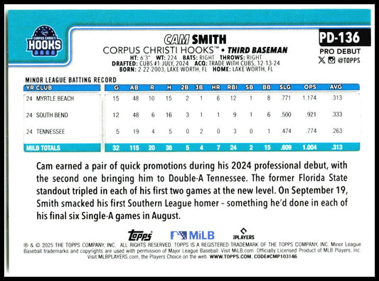 2025 Topps Pro Debut #PD-136 Cam Smith Corpus Christi Hooks