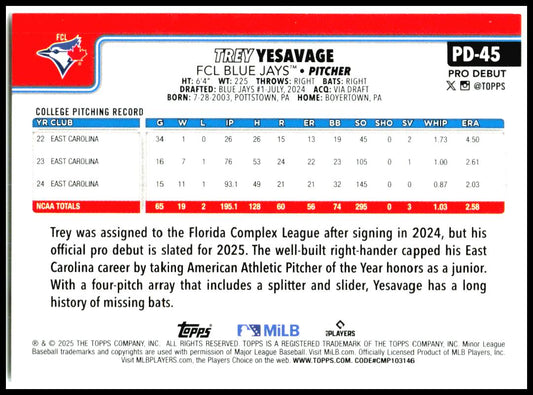 2025 Topps Pro Debut #PD-45 Trey Yesavage FCL Blue Jays
