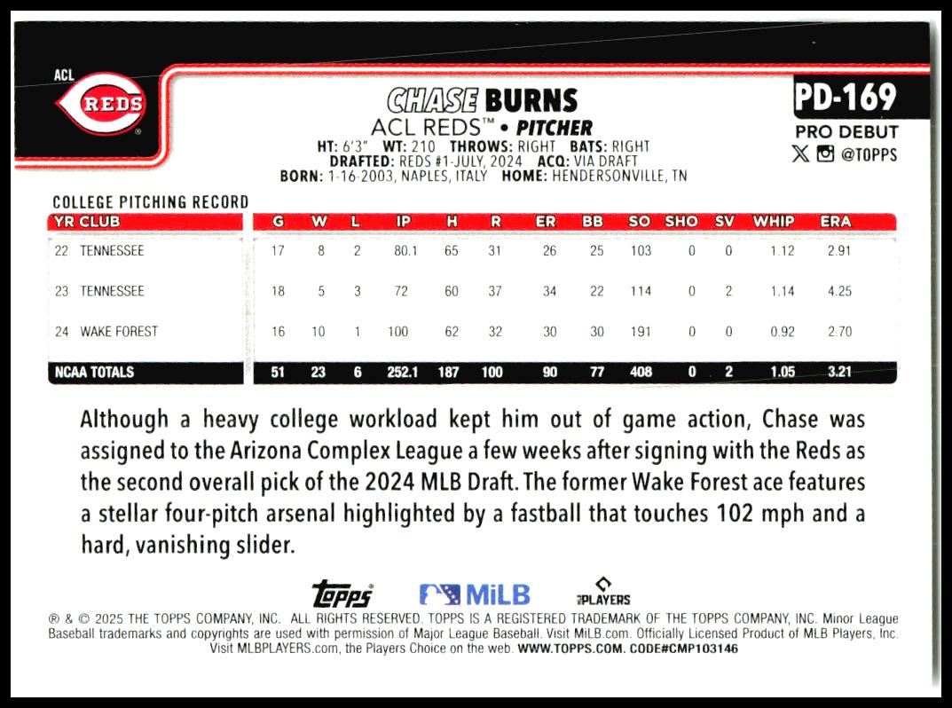 2025 Topps Pro Debut #PD-169 Chase Burns ACL Reds
