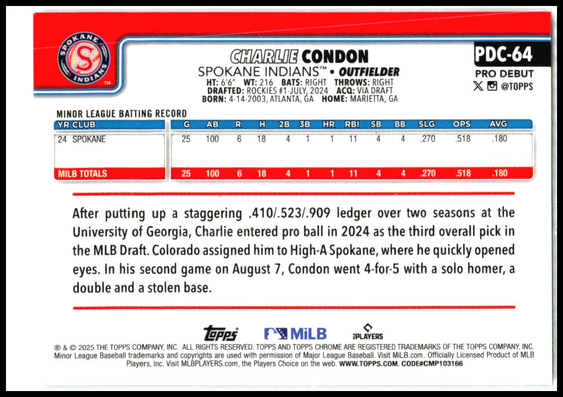 2025 Topps Pro Debut Chrome #pdc-64 charlie condon