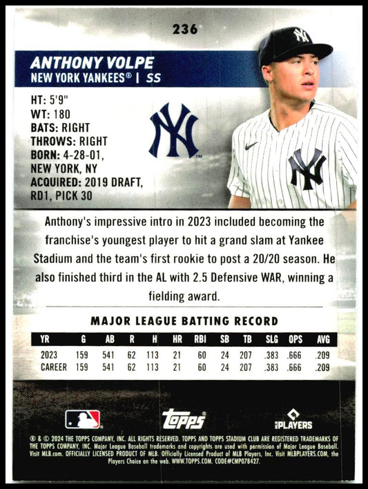 2024 Stadium Club #236 Anthony Volpe New York Yankees
