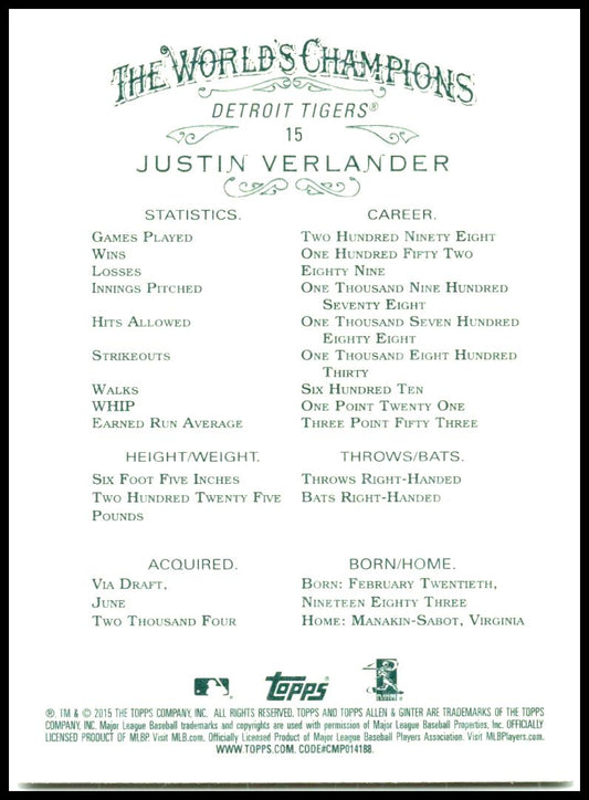 2015 Topps Allen & Ginter #15 Justin Verlander Detroit Tigers