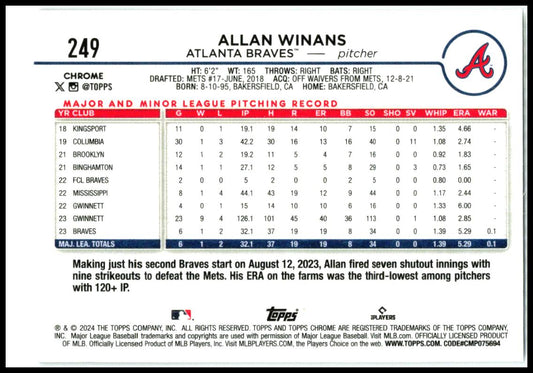 2024 Topps Chrome Sepia Refractors #249 Allan Winans Rookie Atlanta Braves