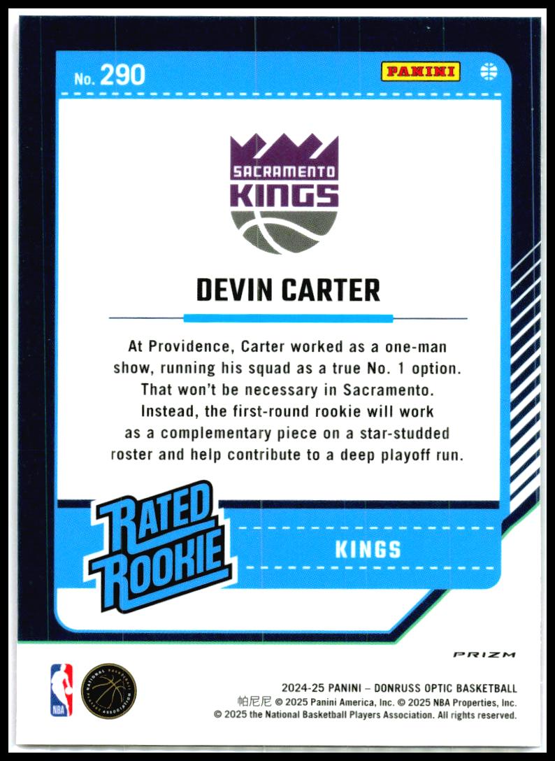 2024-25 Donruss Optic Hyper Pink #290 Devin Carter Rookie Sacramento Kings
