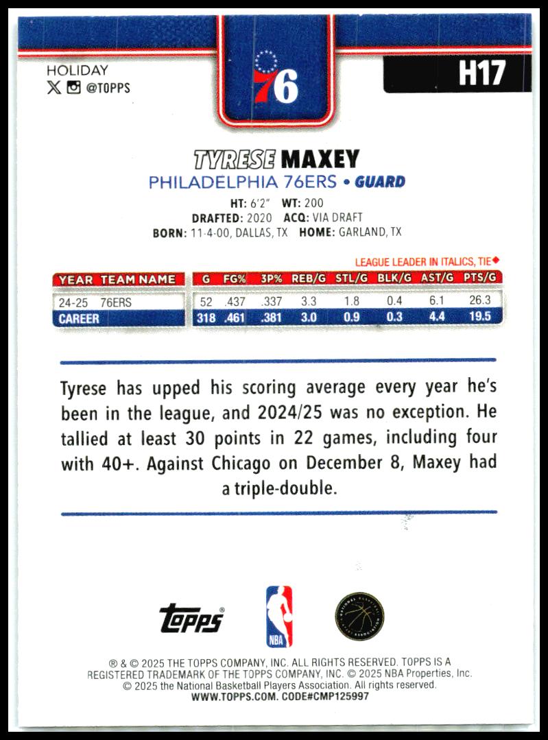 2025-26 Topps Holiday Glitter Holiday #H17 Tyrese Maxey Philadelphia 76ers