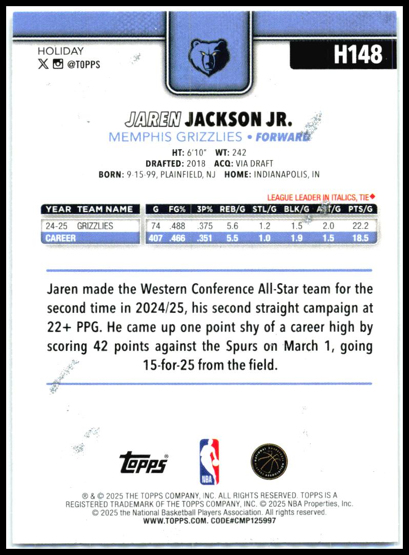 2025-26 Topps Holiday Glitter Holiday #H148 Jaren Jackson Jr. Memphis Grizzlies
