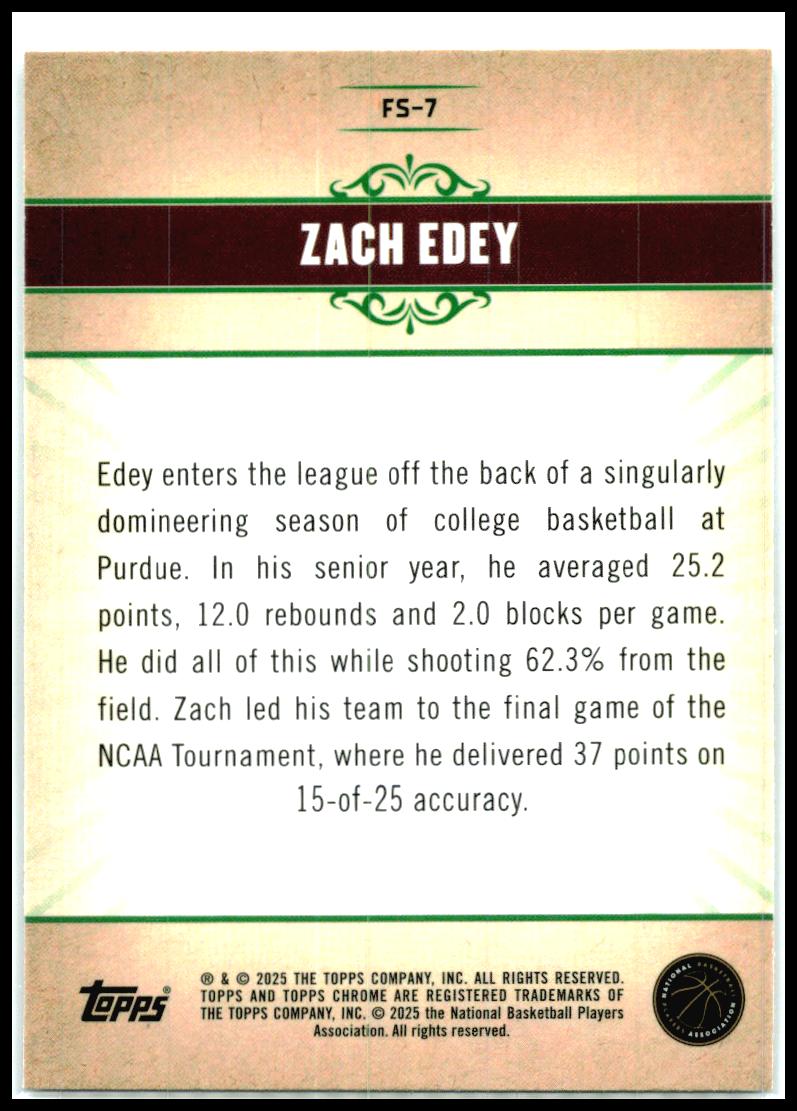 2024-25 Topps Chrome Fresh Start #FS-7 Zach Edey Memphis Grizzlies