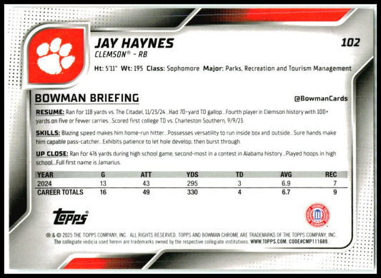 2025 Bowman University Chrome #102 Jay Haynes Clemson Tigers