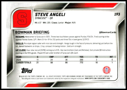 2025 Bowman University Chrome #193 Steve Angeli Syracuse Orange
