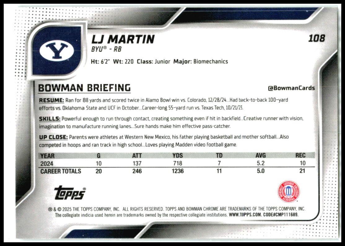 2025 Bowman University Chrome #108 LJ Martin BYU Cougars