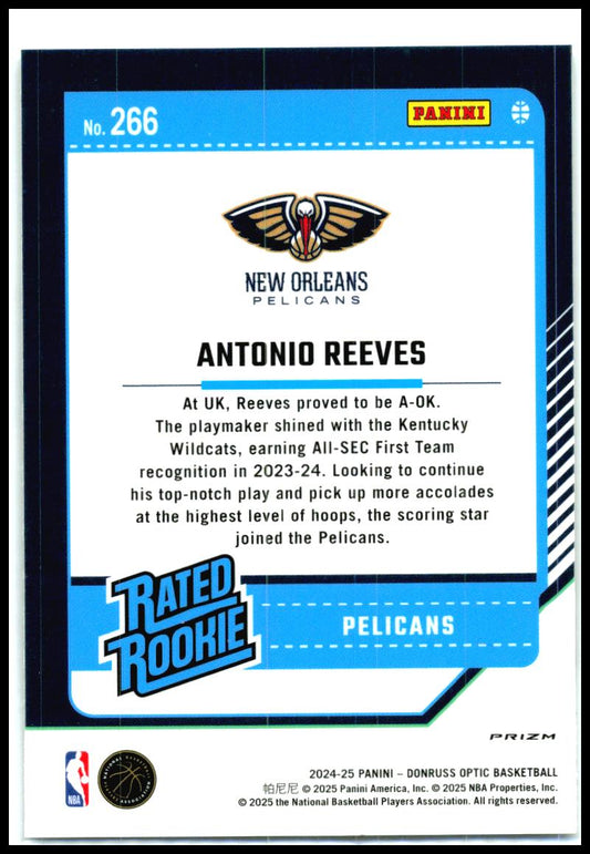2024-25 Donruss Optic Holo #266 Antonio Reeves Rookie New Orleans Pelicans