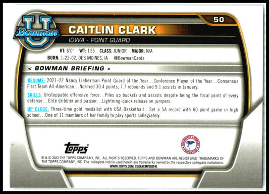 2022-23 Bowman University Chrome Image Variation #50b Caitlin Clark Iowa