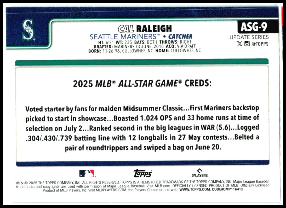 2025 Topps Update All-Star Game Foil #ASG-9 Cal Raleigh Seattle Mariners