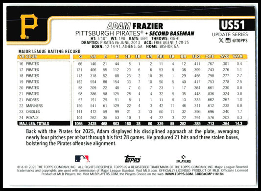 2025 Topps Update Holiday #US51 Adam Frazier Pittsburgh Pirates