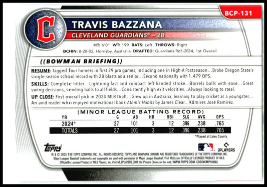 2025 Bowman Mojo Refractor #BCP-131 Travis Bazzana Cleveland Guardians