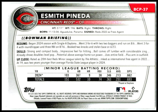 2025 Bowman Chrome Prospects Mojo Refractor #BCP-37 Esmith Pineda Reds