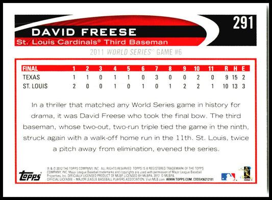2012 Topps #291 David Freese St. Louis Cardinals