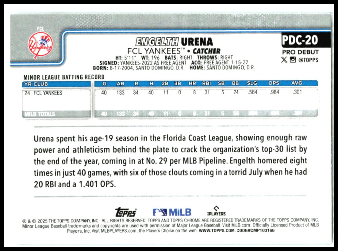 2025 Topps Pro Debut Chrome #PDC-20 Engelth Urena FCL Yankees