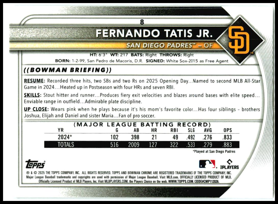 2025 Bowman Chrome #8 Fernando Tatis Jr. San Diego Padres
