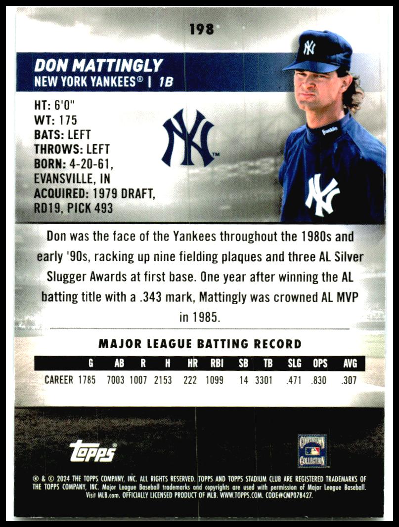 2024 Stadium Club #198 Don Mattingly New York Yankees