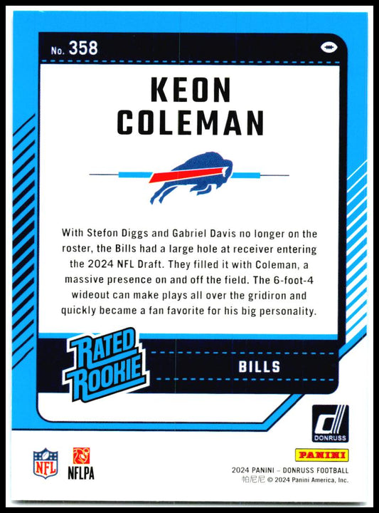 2024 Donruss Press Proof Blue #358 Keon Coleman Rookie Buffalo Bills