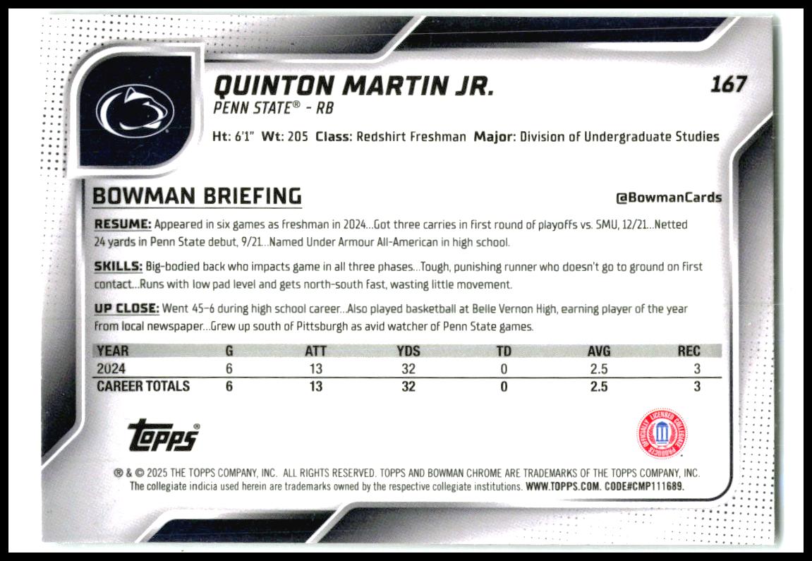 2025 Bowman University Chrome #167 Quinton Martin Jr. Penn State Nittany Lions