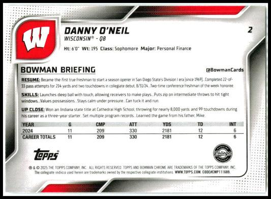 2025 Bowman University Chrome #2 Danny O'Neil Wisconsin Badgers