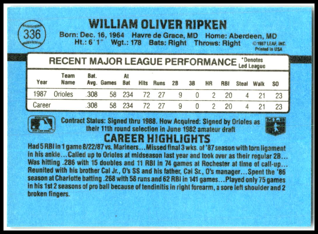 1988 Donruss #336 Billy Ripken Rookie Baltimore Orioles