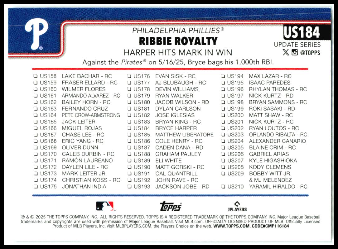 2025 Topps Update Silver Foilboard #US184 Bryce Harper Philadelphia Phillies