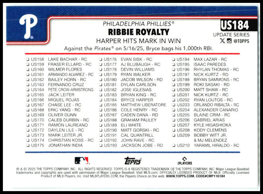 2025 Topps Update Silver Foilboard #US184 Bryce Harper Philadelphia Phillies