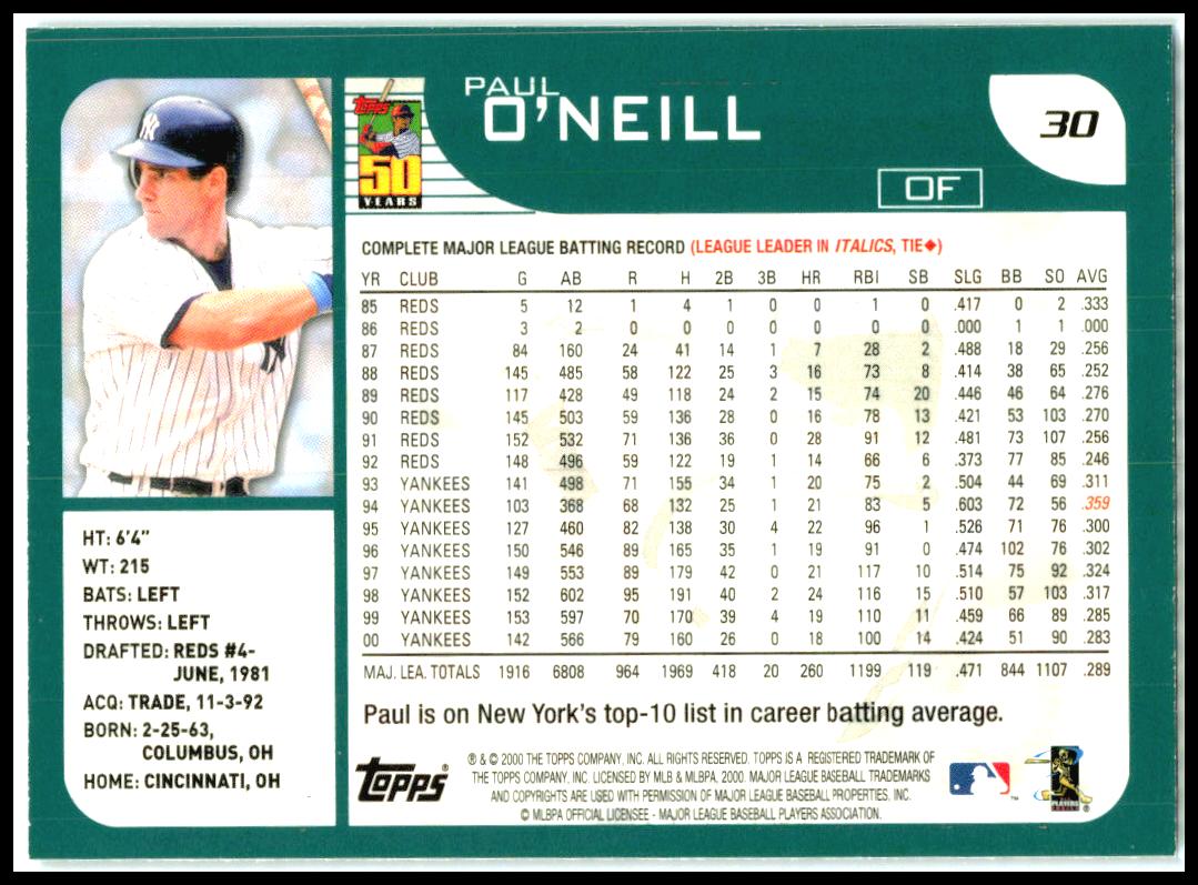 2001 Topps #30 Paul O'Neill New York Yankees