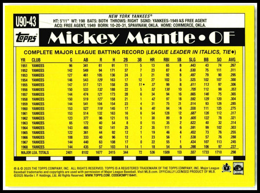 2025 Topps Update 1990 Topps 35th Anniversary #U90-43 Mickey Mantle Yankees