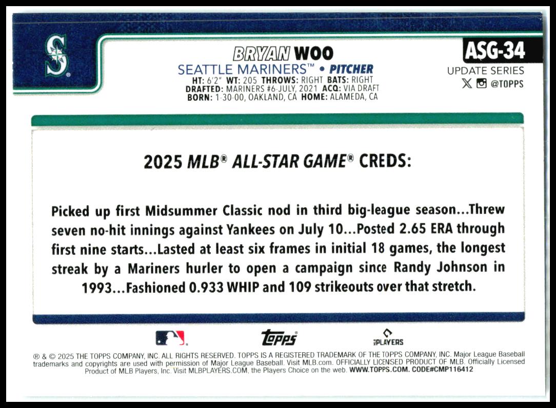 2025 Topps Update 2025 All-Star Game #ASG-34 Bryan Woo Seattle Mariners