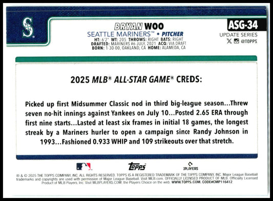 2025 Topps Update 2025 All-Star Game #ASG-34 Bryan Woo Seattle Mariners