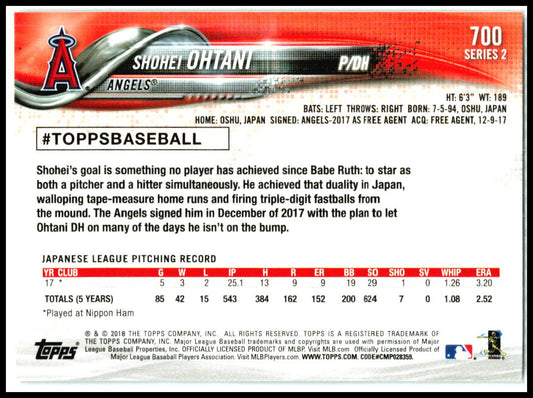 2018 Topps #700 Shohei Ohtani Rookie Los Angeles Angels