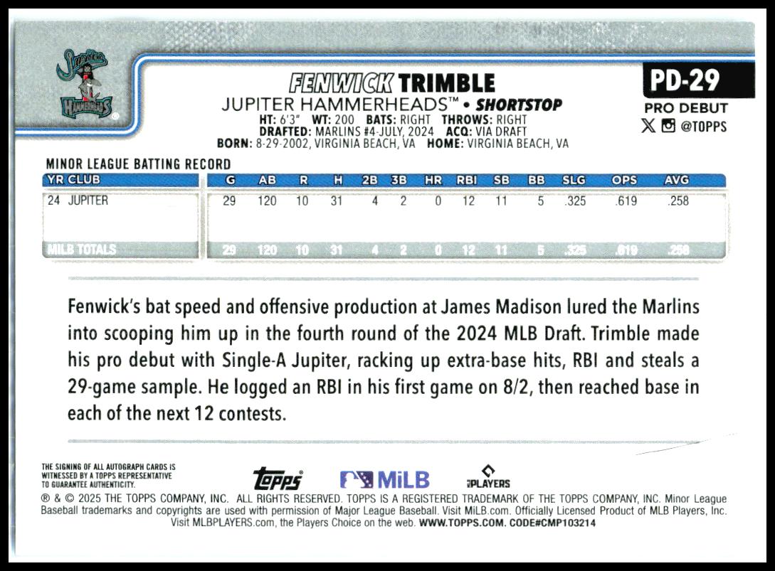 2025 Topps Pro Debut Base Autographs #PD-29 Fenwick Trimble Auto Jupiter