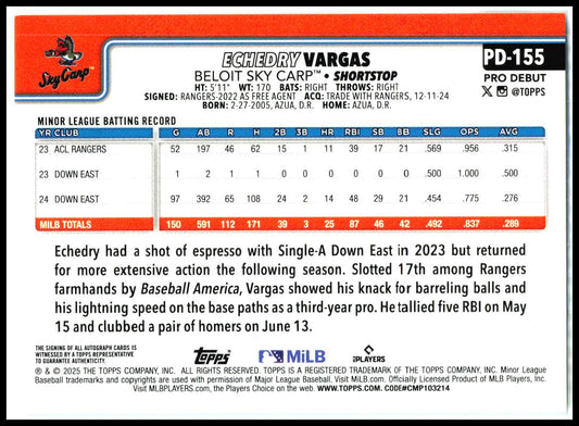 2025 Topps Pro Debut Base Autographs #PD-155 Echedry Vargas Auto Beloit Sky Carp