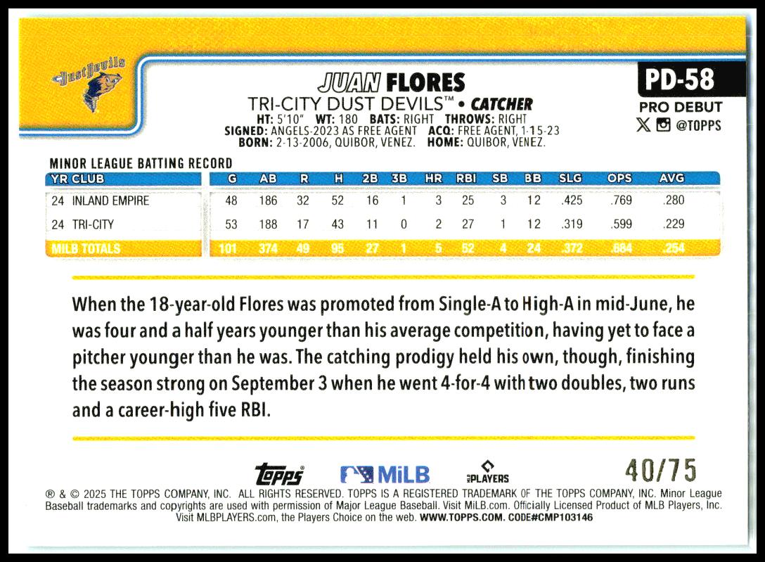2025 Topps Pro Debut Aqua Foil #PD-58 Juan Flores #/75 Tri-City Dust Devils
