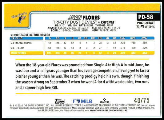 2025 Topps Pro Debut Aqua Foil #PD-58 Juan Flores #/75 Tri-City Dust Devils