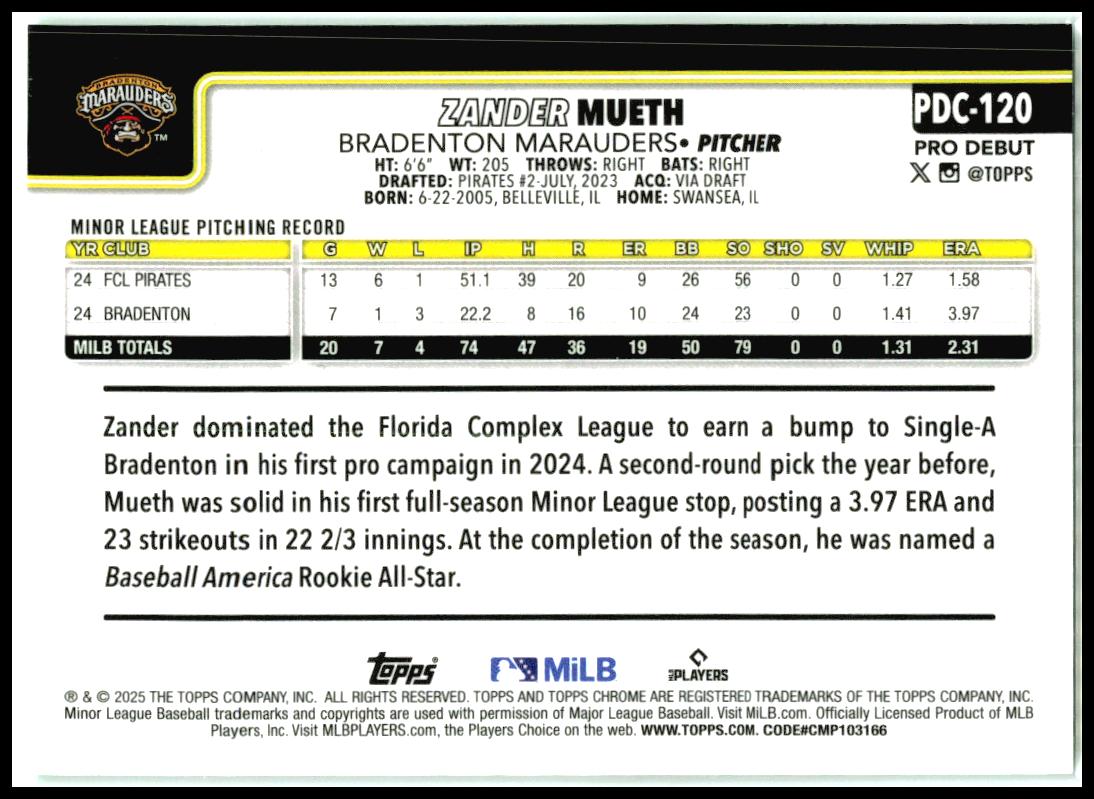 2025 Topps Pro Debut Chrome Green Refractor #PDC-120 Zander Mueth Bradenton