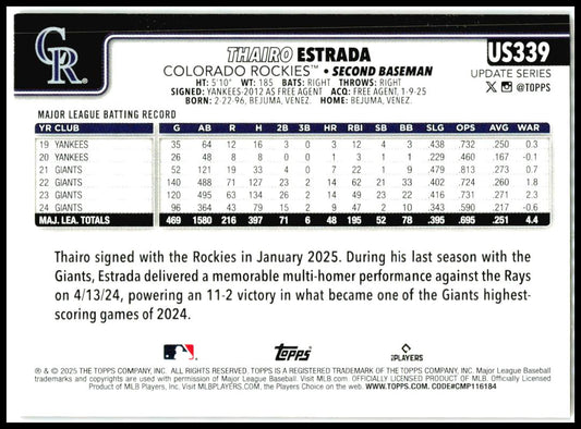 2025 Topps Update Holiday #US339 Thairo Estrada Colorado Rockies