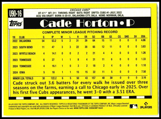 2025 Topps Update 1990 Topps Baseball 35th Anniversary #U90-16 Cade Horton Cubs