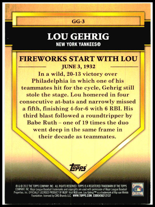 2012 Topps Golden Greats #GG-3 Lou Gehrig New York Yankees