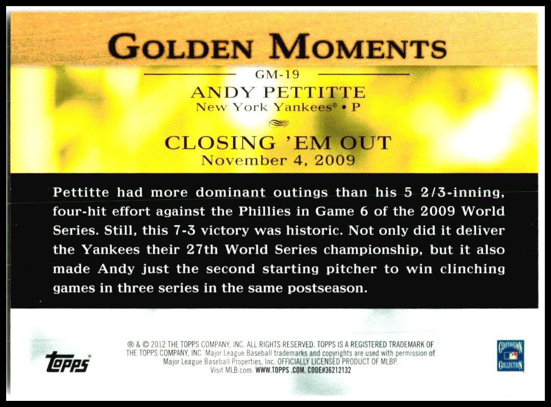 2012 Topps Golden Moments (Series 1) #GM-19 Andy Pettitte New York Yankees